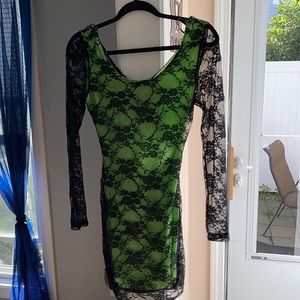 Medium black lace dress with lime green open back